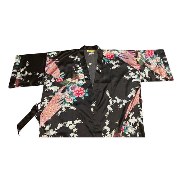 Oriental Village Silk Collection Kimono Robe Black w/ Bird Botanical Print - Picture 6 of 6